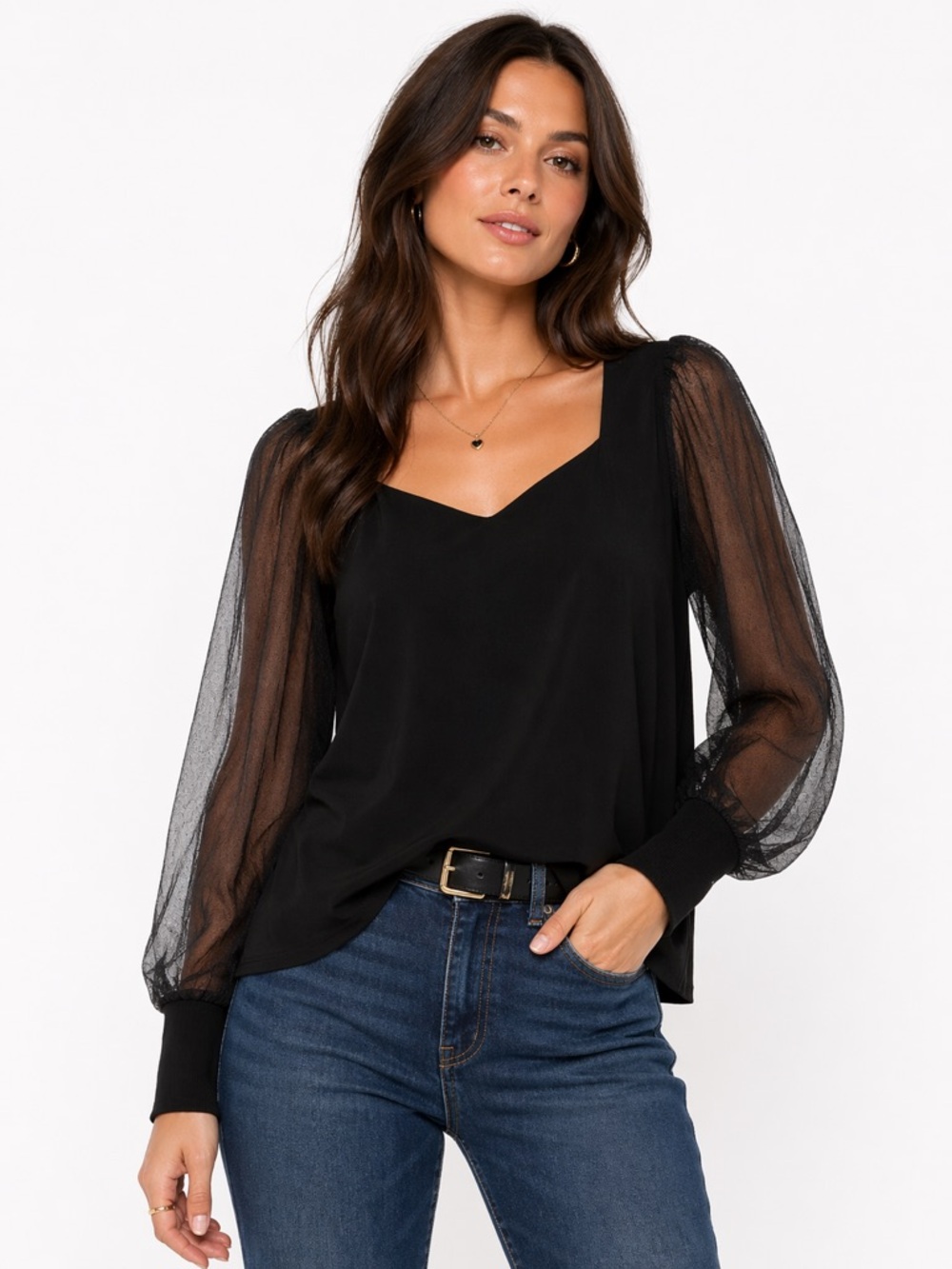 NWT Jodifl Size Large Elegant Black Sweetheart Neckline Sheer Sleeve Top